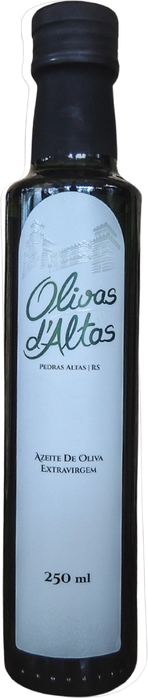 Garrafa de 250 ml de azeite de oliva extravirgem Olivas d’Altas, produzido em Pedras Altas – RS, com rótulo minimalista e identidade visual inspirada no castelo local.
