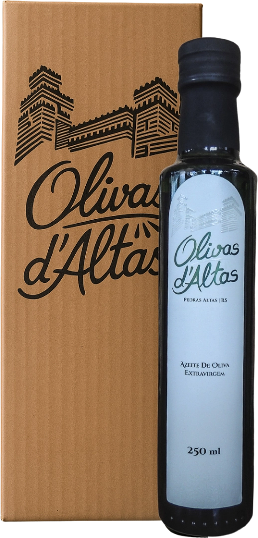 Garrafa de 250 ml de azeite de oliva extravirgem Olivas d’Altas com embalagem personalizada em kraft, produzida em Pedras Altas – RS, com identidade visual inspirada no castelo da região.
