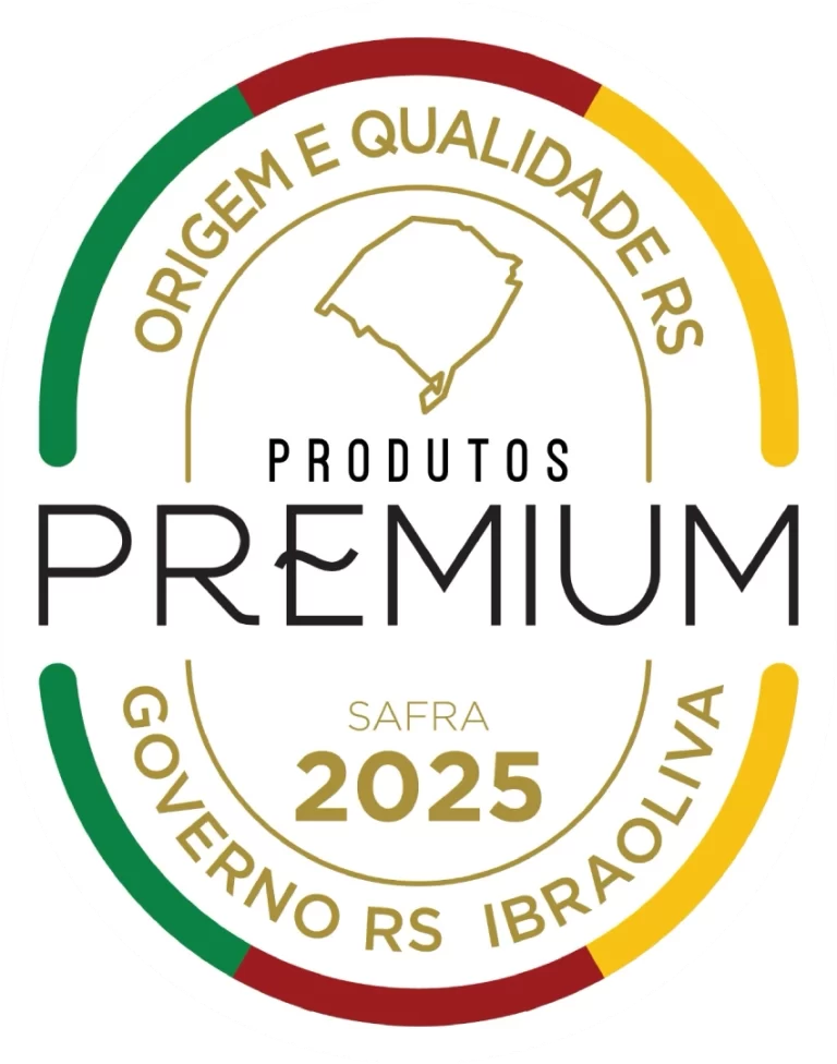 Selo Produtos Premium 2025 concedido pelo Governo do RS e Ibraoliva, certificando a origem e a qualidade superior do azeite Olivas d’Altas produzido no Rio Grande do Sul.